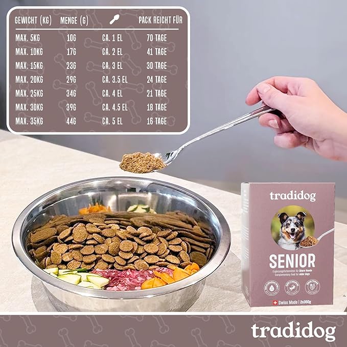 Person holding spoon over a bowl of TradiDog® Senior food, designed for older dogs' vitality and wellbeing with essential nutrients and omega-3.